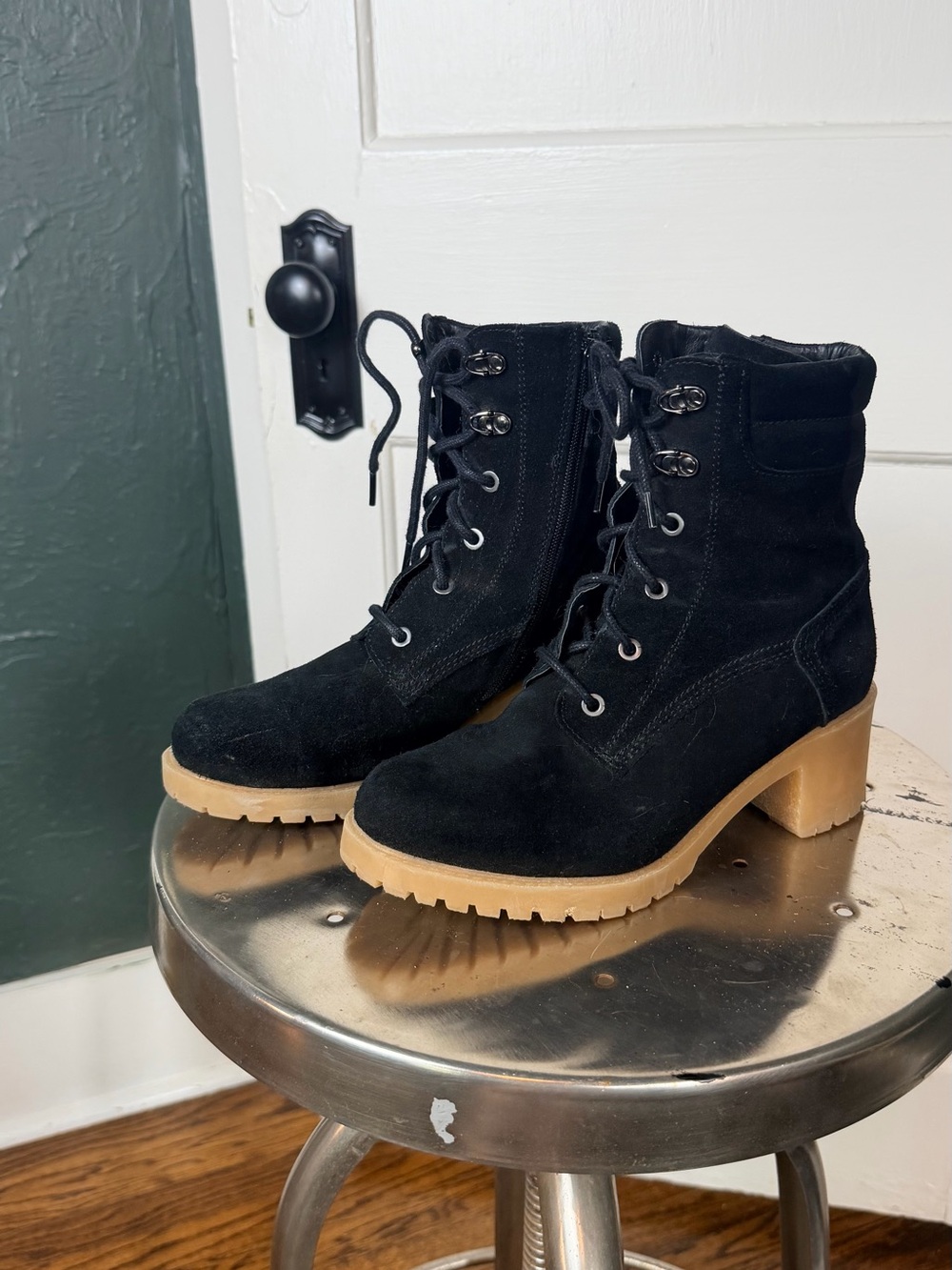 Eric Michael Black Suede Lace-Up Ankle Boots with Tan Lug Sole